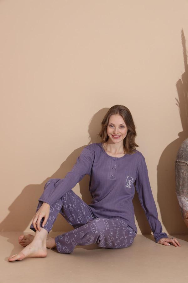 Lindros Kadın Pamuk'lu Düğme Yaka Raporlu İnterlok KIŞLIK Pijama Takımı 05035 - 1 Adet  - Image 1