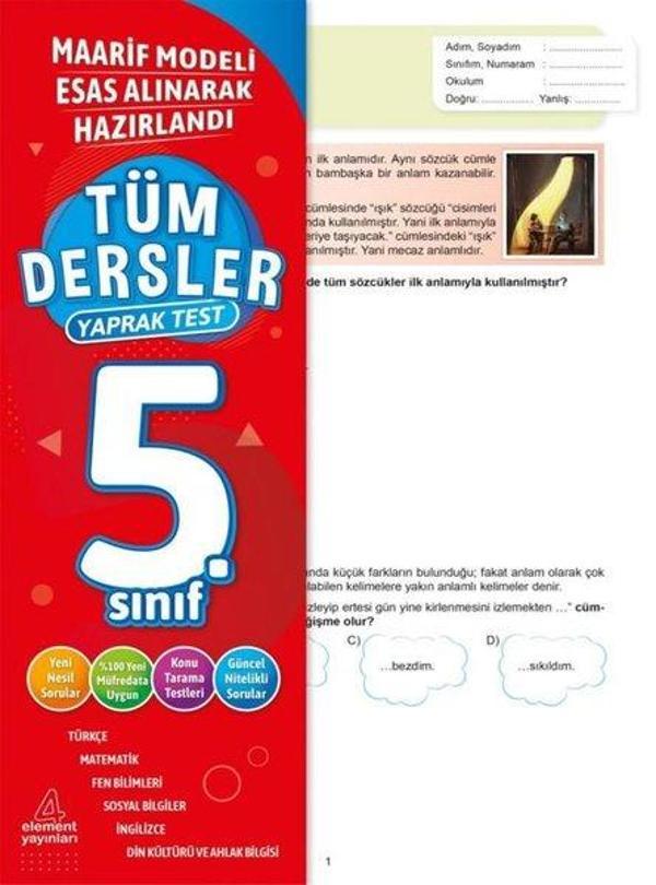 5. Sınıf Tüm Dersler Yaprak Test - 4 Element Yayınları - Image 1