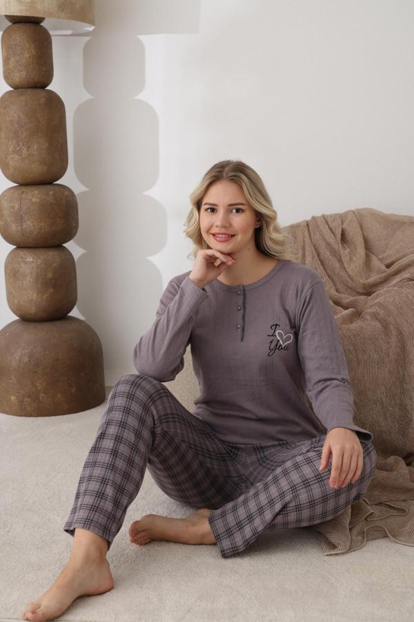 Lindros Kadın Pamuk'lu Düğme Yaka Raporlu İnterlok KIŞLIK Pijama Takımı 05162 - 1 Adet  - Image 1