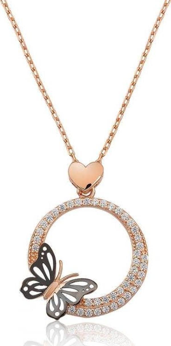 925 Ayar Gümüş Kalpli Kelebek Çemberi Kadın Gümüş Kolye - Image 1