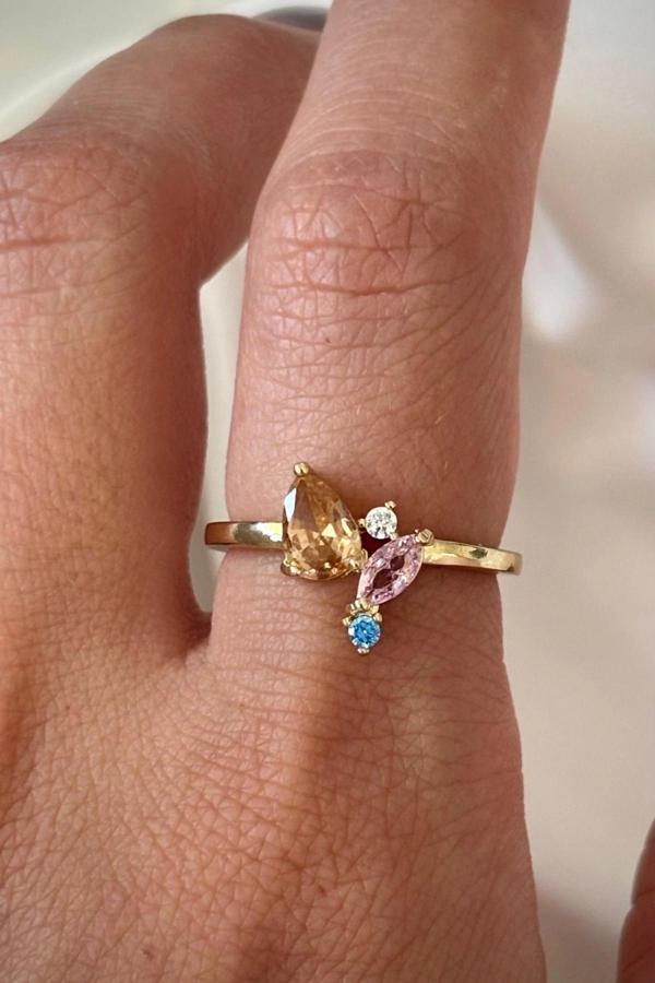 İthal Seri Renkli Zirkon Taşlı Zarif Damla Taş Tasarım Ayarlanabilir Kadın Çelik Yüzük - Image 1