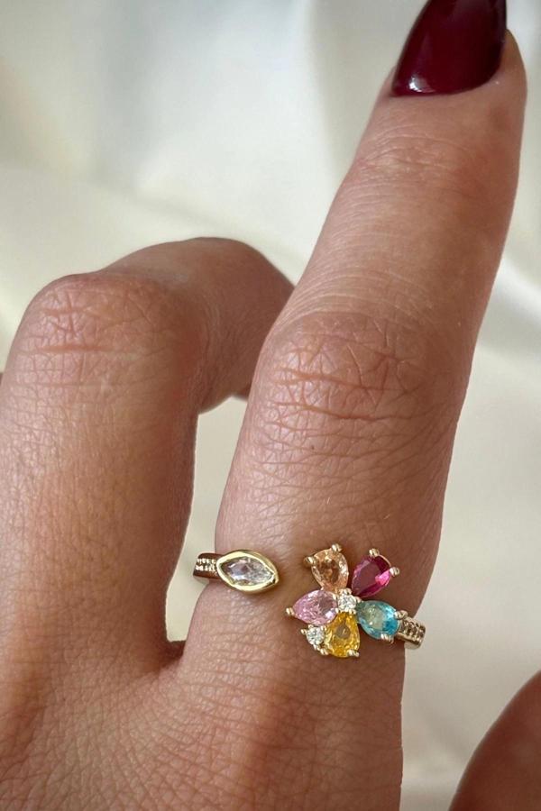 İthal Seri Renkli Zirkon Taşlı Zarif Lotus Çiçeği Tasarım Ayarlanabilir Kadın Çelik Yüzük - Image 1