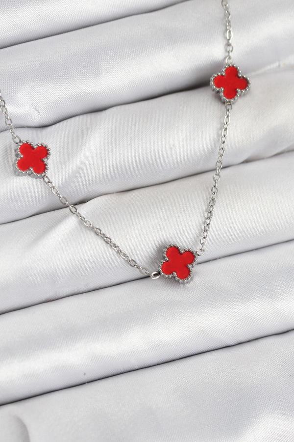 Zincir Gümüş Renk Kırmızı Baby Boy Yonca Kadın Kolye - EBJ250920W37846 - Image 1