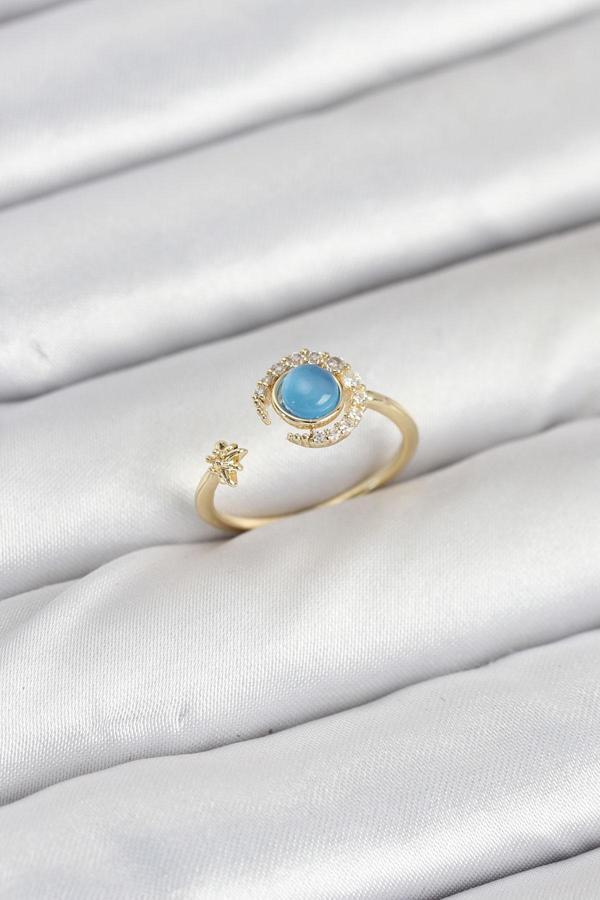 Pirinç Gold Renk Zirkon Taşlı Ay Yıldız Kadın Yüzük - EBJ250927W37947 - Image 1