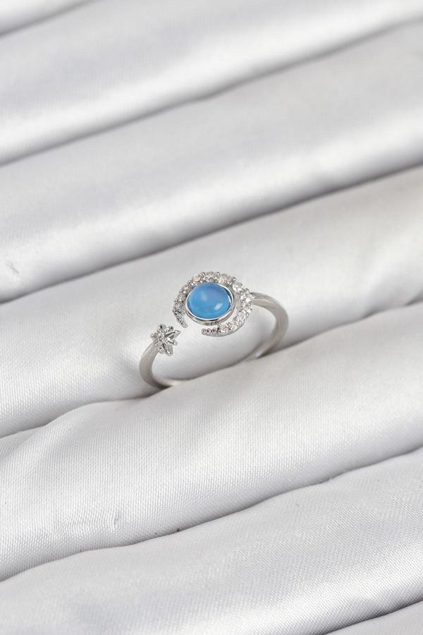 Pirinç Gümüş Renk Zirkon Taşlı Ay Yıldız Kadın Yüzük - EBJ250927W37948 - Image 1