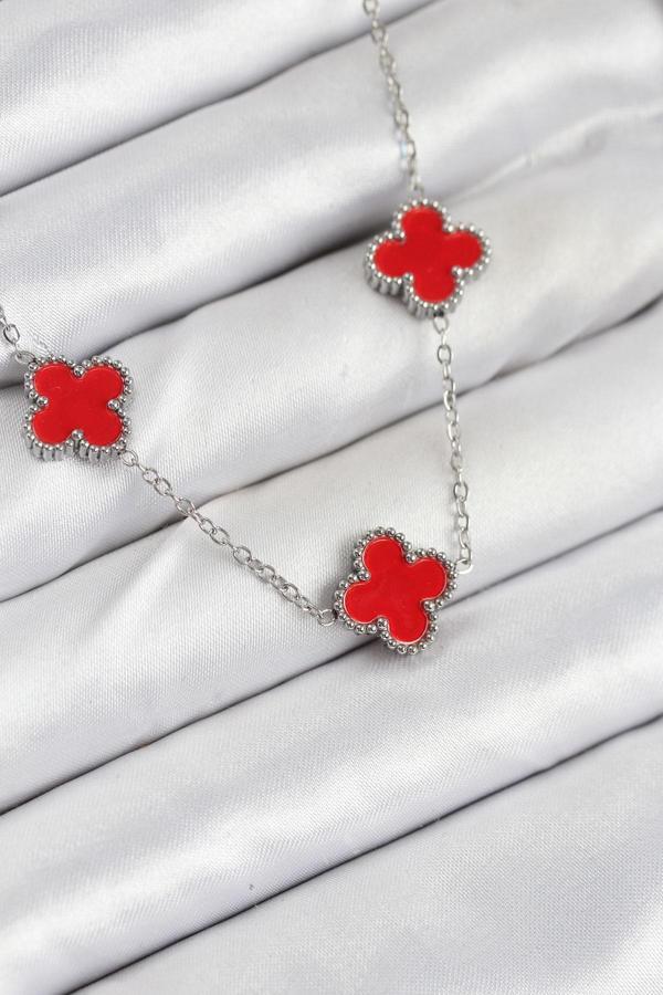 Zincir Gümüş Kırmızı Renk Yonca Kadın Kolye - EBJ250920W37851 - Image 1