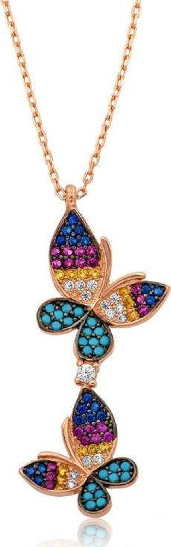 925 Ayar Gümüş Rose  Çift Kelebek Kadın Gümüş Kolye - Image 1