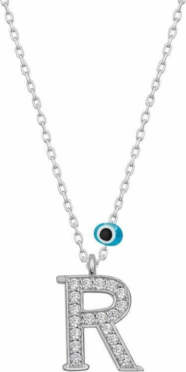 925 Ayar Gümüş Nazar Rodyum R Harfi Kadın Gümüş Kolye - Image 1
