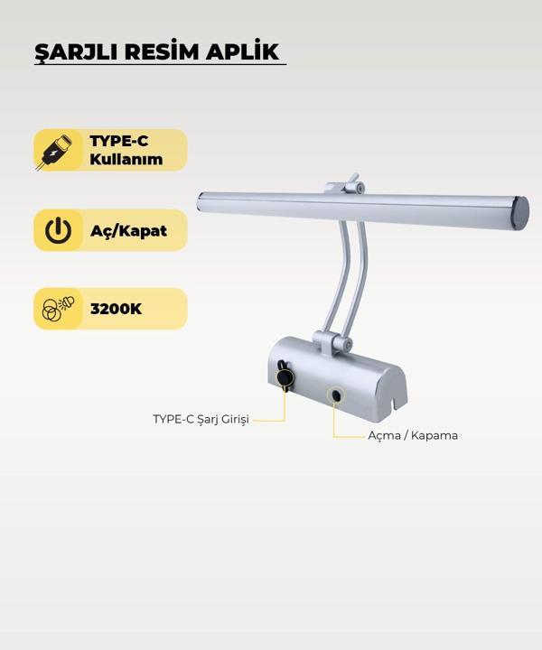 Şarjlı Krom Flüt Aplik 3200K Sarı Işık – Elektrik Gerektirmez - Image 1