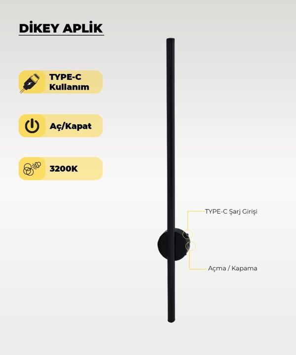 Şarjlı Siyah Dikey Aplik 3200K Sarı Işık – Elektrik Gerektirmez - Image 1