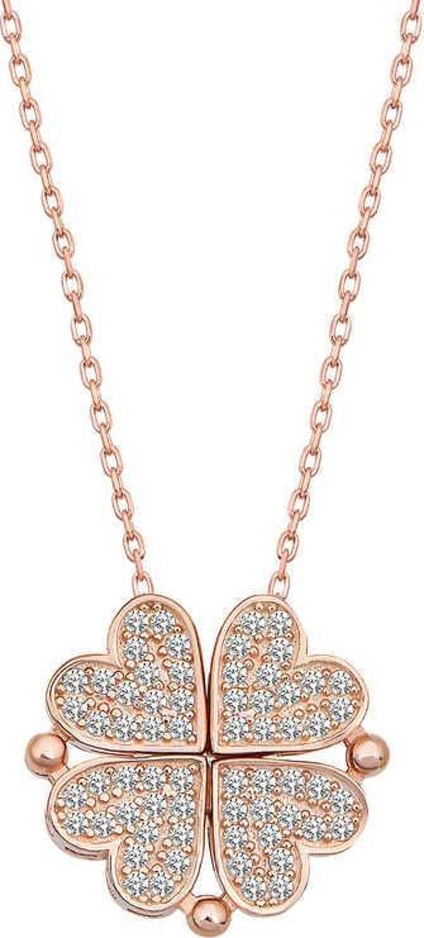 925 Ayar Gümüş Rose Kalpli Açılabilen Yonca Kadın Kolye - Image 1