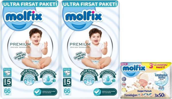 Molfix Premium Bebek Bezi Beden:5 (11-18KG) Junior 132 Adet Ultra Fırsat Pk + 3 Adet Islak Mendil - Image 1