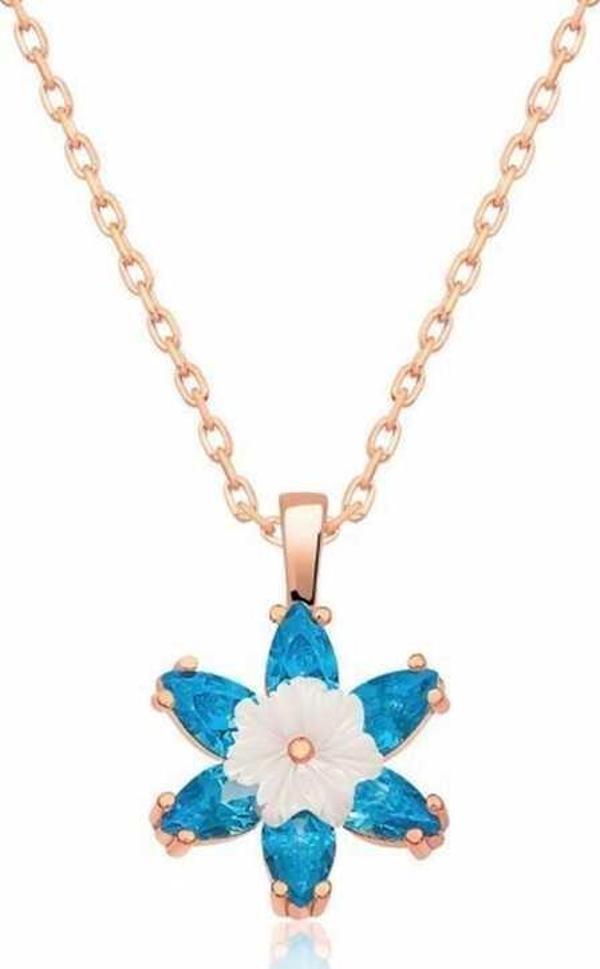 925 Ayar Gümüş Rose Mavi Lotus Çiçeği Kadın Gümüş Kolye - Image 1