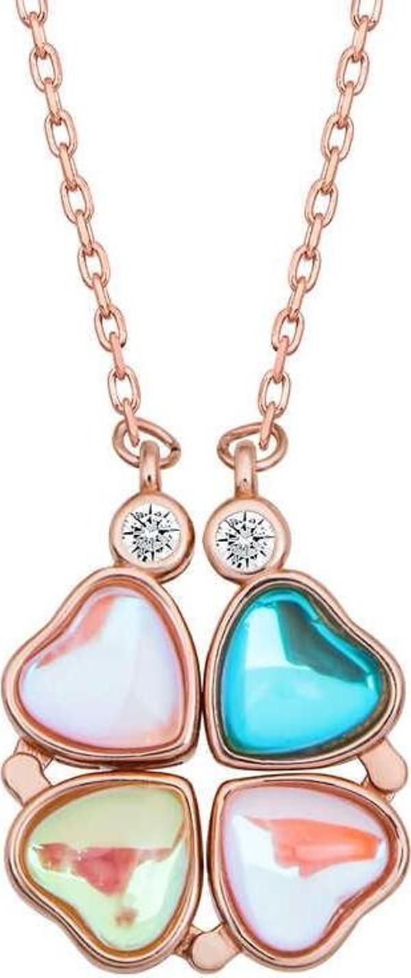 925 Ayar Gümüş Rose Renkli Açılabilen Yonca Kadın Gümüş Kolye - Image 1