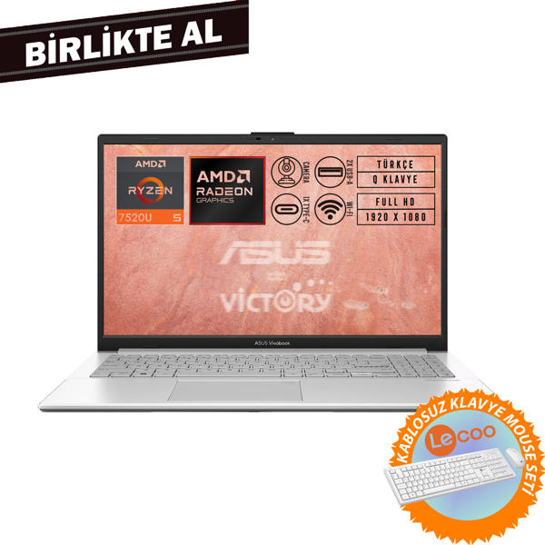 Asus VivoBook Go 15 AMD Ryzen 5 7520U 8GB 512GB SSD 15.6" Fdos+ Klavye-Mouse Set E1504FA-NJ115 008 - Image 1