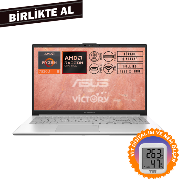 Asus VivoBook Go 15 AMD Ryzen 5 7520U 8GB 512GB SSD 15.6" Fdos + VIT Termometre E1504FA-NJ115 006 - Image 1