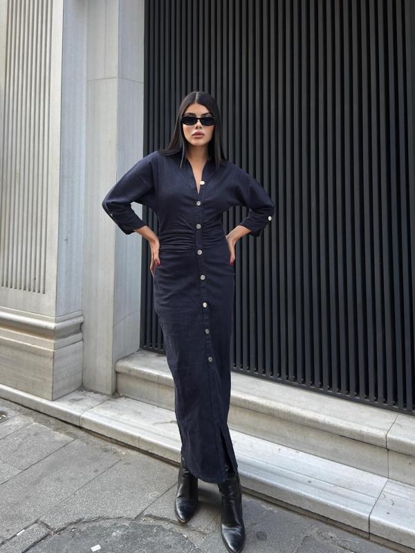 BELİ BÜZGÜLÜ KOT ELBİSE - Image 1