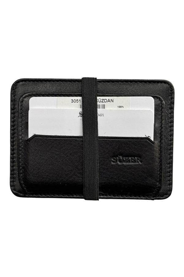 Lastikli İki Katlı Mini Boy İnce Slim Basic Model Hakiki Deri Kredi Kartlık Siyah - Image 1