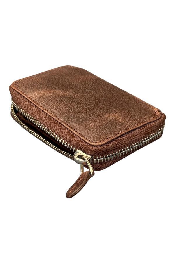 Fermuar Kilitli Mini Boy Unisex Hakiki Deri Spor Cüzdan Carzy Kahverengi - Image 1