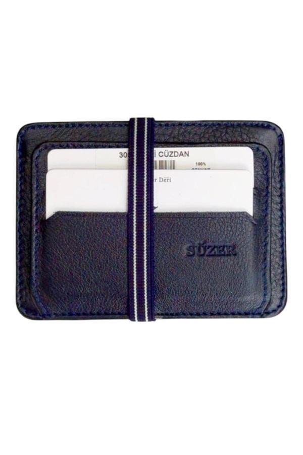 Lastikli İki Katlı Mini Boy İnce Slim Basic Model Hakiki Deri Kredi Kartlık Lacivert - Image 1
