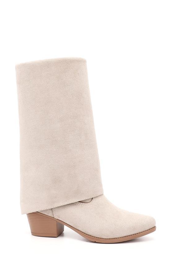 Kadın Bej Süet Sivri Burun Kalın Topuklu Kovboy Çizme - Image 1