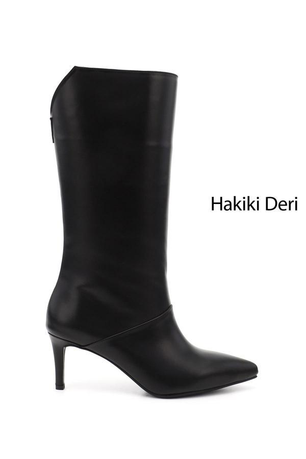 Kadın Siyah Platinum Fermuarlı İnce Topuklu Hakiki Deri Çizme - Image 1