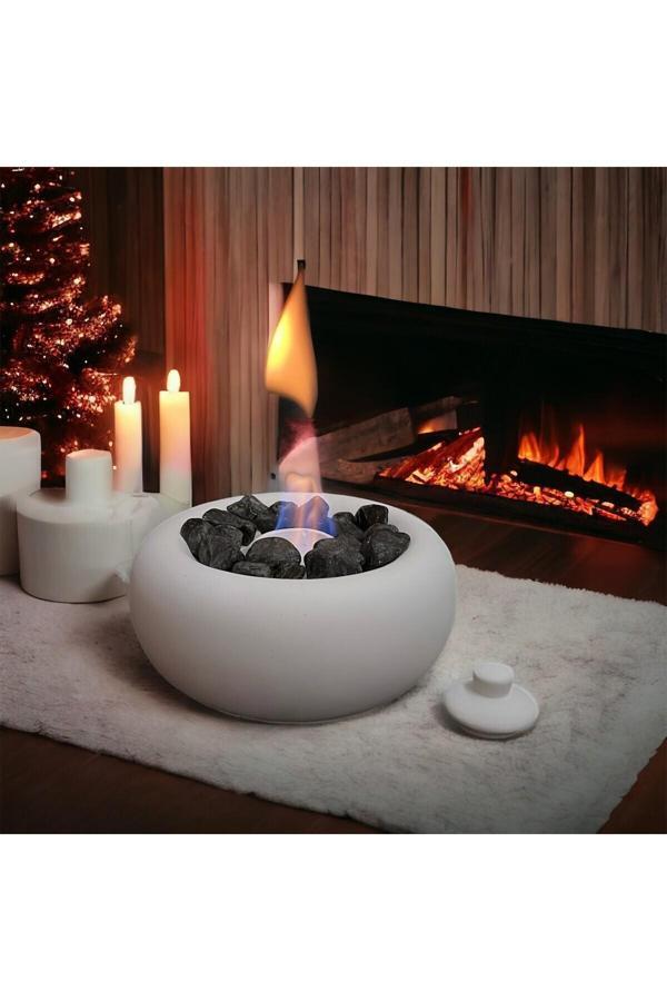 Bi Ondan Bi Bundan Masa Üstü Beton Yuvarlak Ateş Çukuru Bacasız Şömine Beyaz 500Ml Yakıt - Image 1