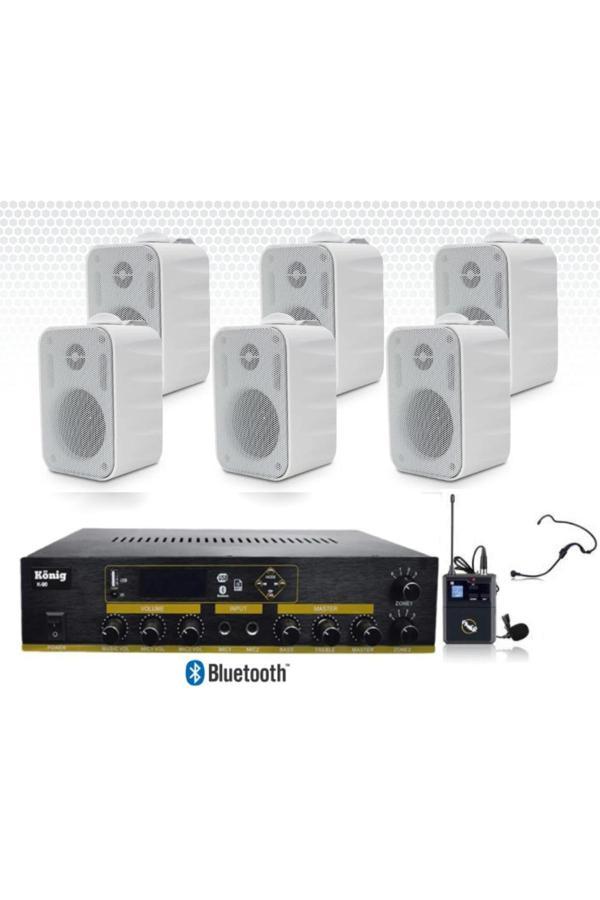 König 6’Lı Beyaz Hoparlörlü Yaka Mikrofonlu Anfi Ses Sistemi Seti - Image 1