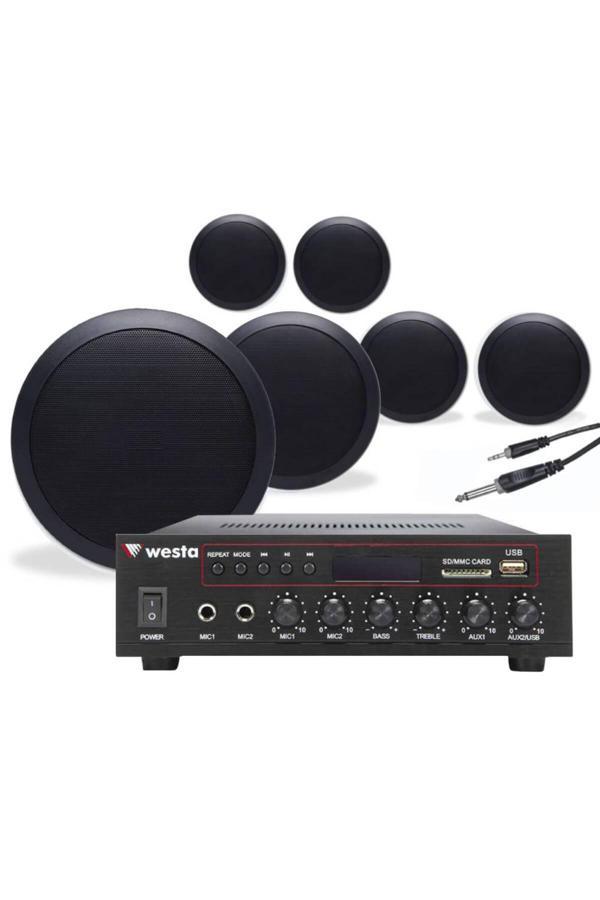 Westa 6’Lı Siyah 100V Tavan Hoparlörlü Ses Sistemi Paketi – Kafe, Mağaza, Ofis Ortam Müzik & Anons Çözümü - Image 1