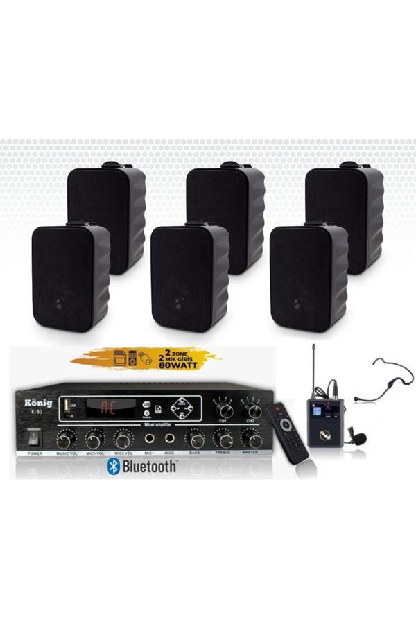 König 6'Lı Siyah Hoparlörlü Anfi Ses Sistemi | Mikrofonlu Paket Set - Image 1
