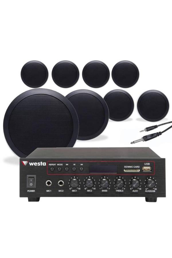 Westa 8’Li Siyah Tavan Hoparlorlu 100V Ses Sistemi Paketi | Kafe, Mağaza Ve Ofis Müzik Sistemi - Image 1