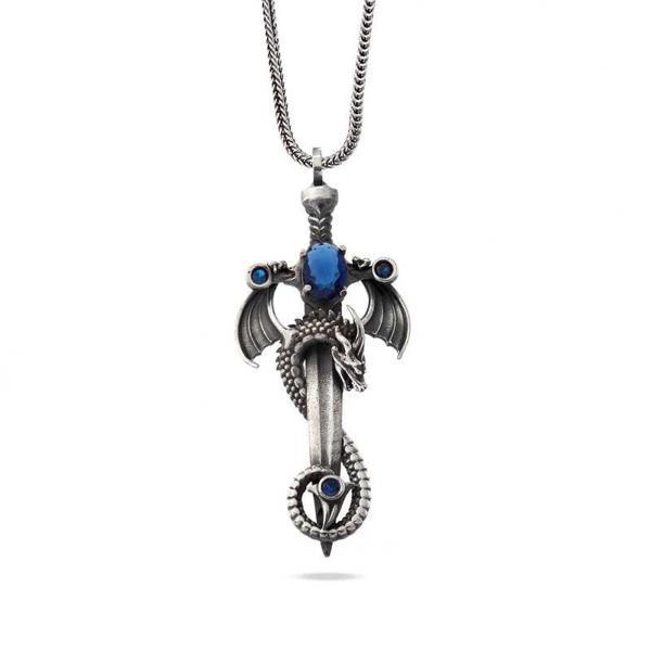 KENPAZAR 925 Ayar Gümüş Safir Taşlı Ejderha Erkek Kılıç Kolye - Image 1