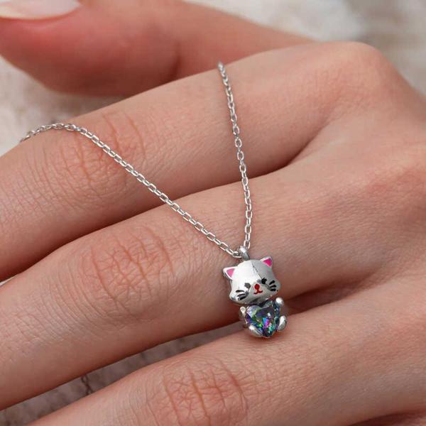 KENPAZAR Gümüş Mistik Topaz Taşlı Sevimli Kedi Kolye - Image 1