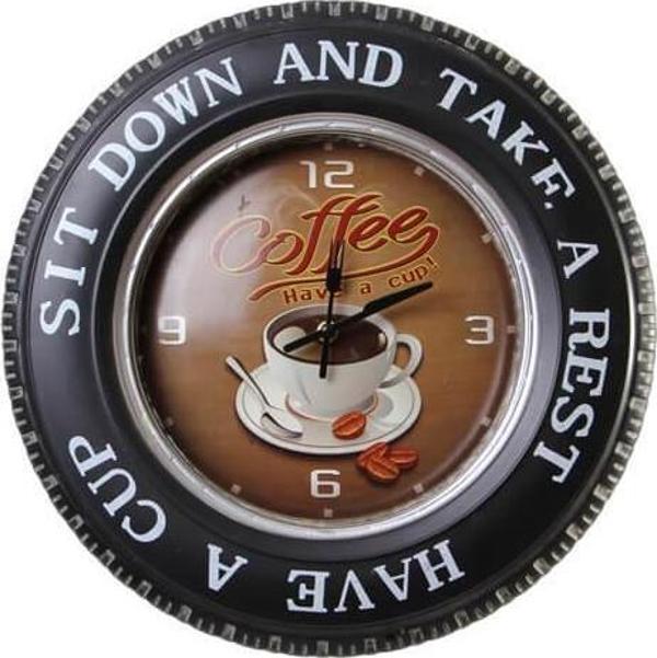 Dekoratif Araba Tekerleği Coffea TimeTemalı Saatli Led Işıklı - Image 1