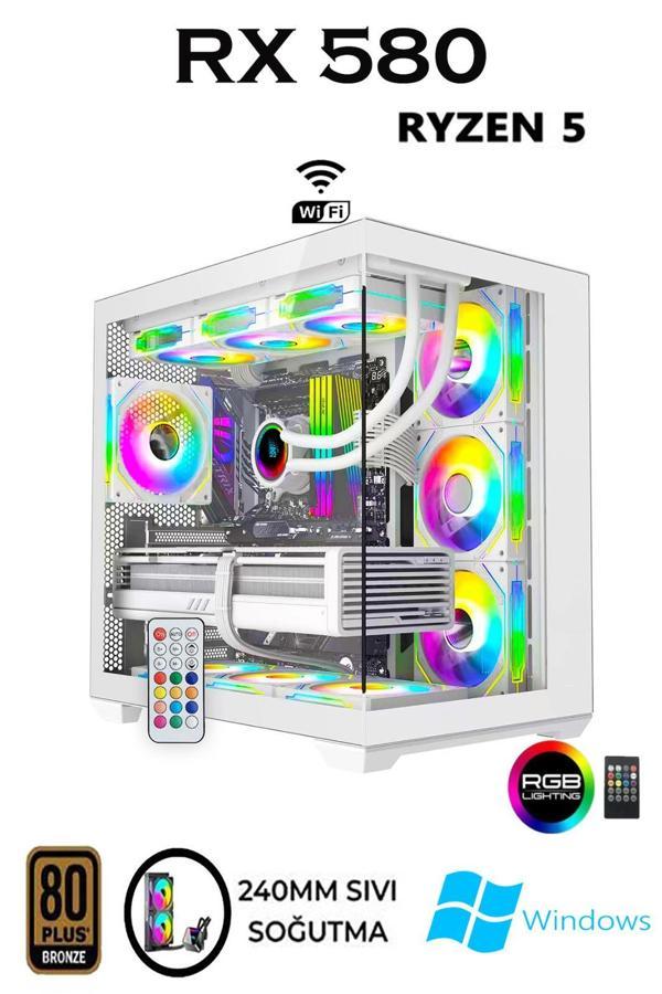 REBİTRH W50 Ryzen 5 5500 | 32GB RAM | 1TB M2 SSD | RX580 8GB | Sıvı Soğutmalı Beyaz Oyuncu Bilgisayarı Hazır Sistem - Image 1