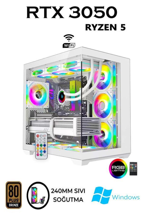 REBİTRH W80 Ryzen 5 5500 | 32GB RAM | 1TB M2 SSD | RTX3050 | Sıvı Soğutmalı Beyaz Oyuncu Bilgisayarı Hazır Sistem - Image 1
