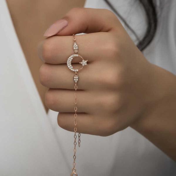 KENPAZAR 925 Ayar Gümüş Rose Ay Yıldız Kadın Bileklik - Image 1