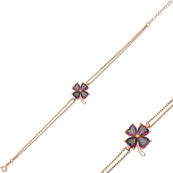 KENPAZAR 925 Ayar Gümüş Rose Mistik Topaz Yonca Bileklik - Image 1
