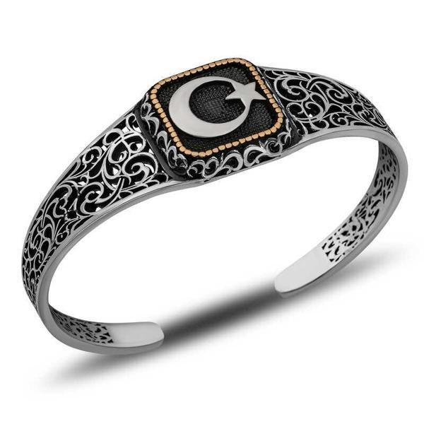 KENPAZAR Gümüş Ay Yıldız Ayarlanabilir Kelepçe Erkek Bileklik - Image 1