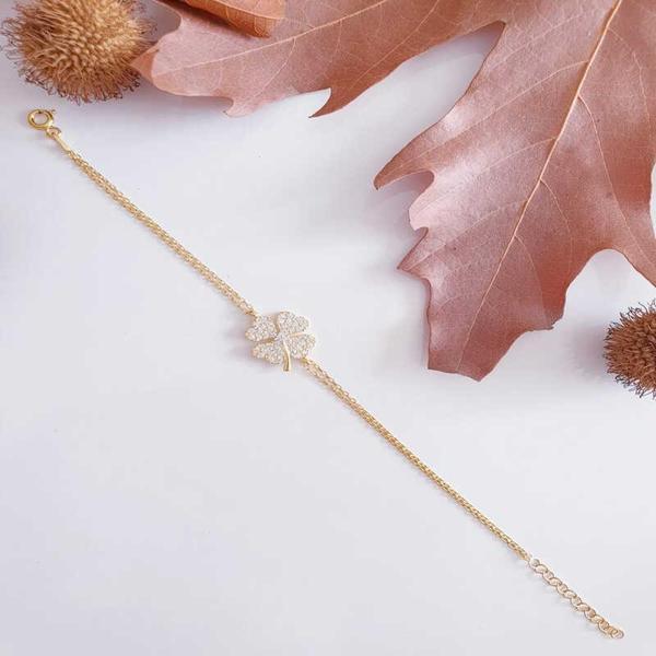 KENPAZAR 925 Ayar Gümüş Gold Kalpli Yonca Kadın Bileklik - Image 1