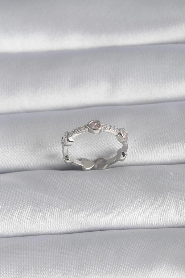 Pirinç Gümüş Renk Kalp Model Zirkon Taş Detay Kadın Yüzük - Image 1