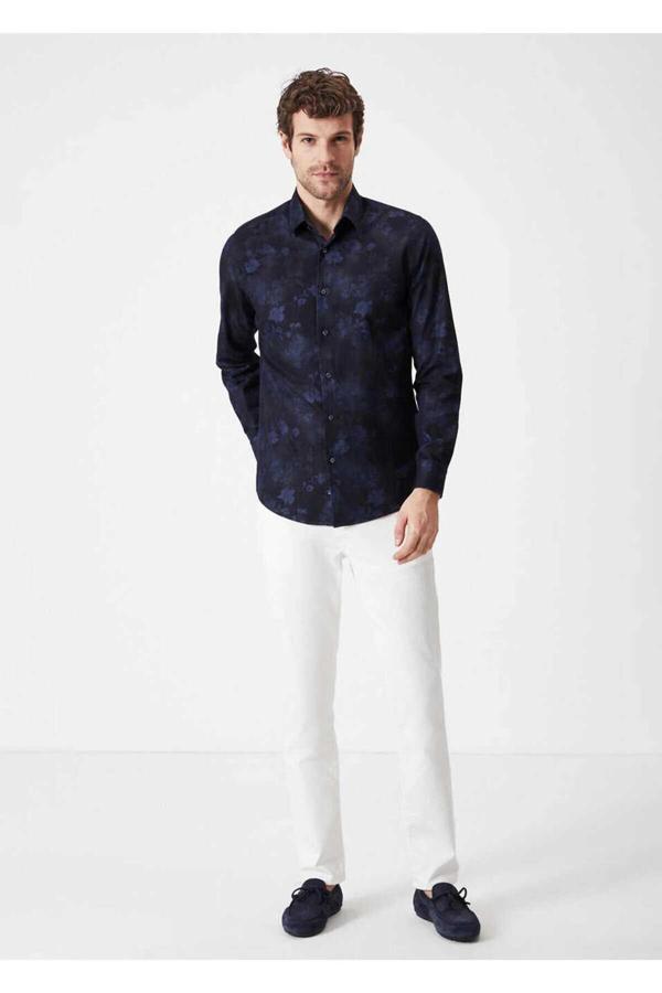 Emilio Lacivert Renk Çiçek Desenli Denim Gömlek - Image 1