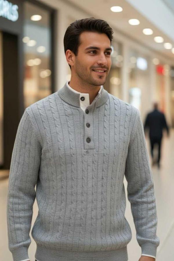 Ayon Gri Renk Düğmeli Yaka Saç Örgü Kaşmir Triko - Image 1