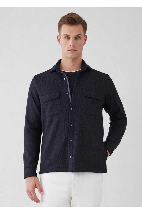 Endero Antrasit Renk Çizgi Desenli Yün Karışımlı Gömlek - Image 1