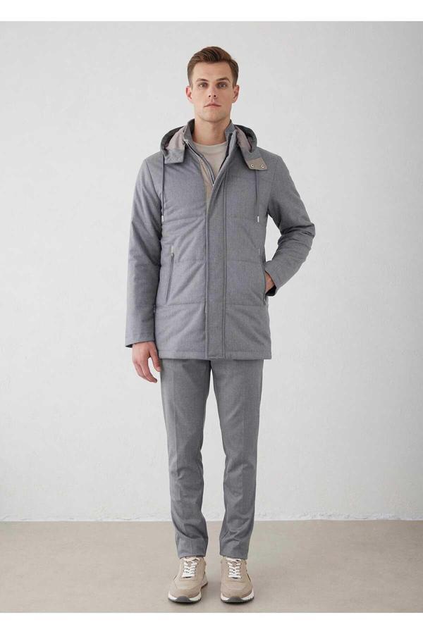 Talu Gri Renk Fermuarlı Kapüşonlu Mont - Image 1