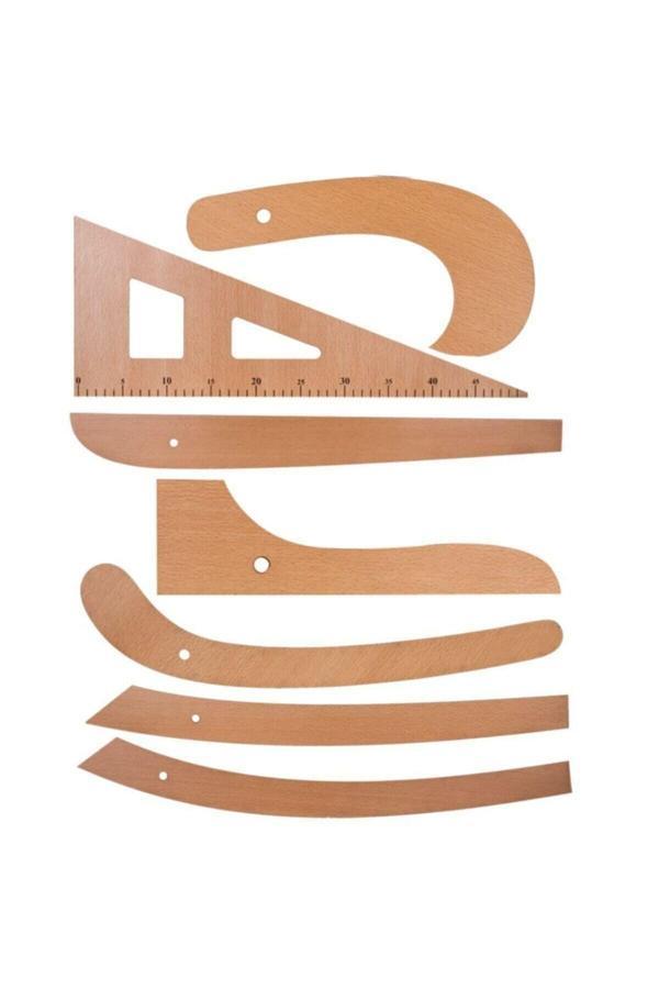 Moonstar Terzi-Modelist-Tekstil 7 Parça Ahşap Cetvel Riga Gönye Seti - 50 Cm - Kahverengi - Image 1