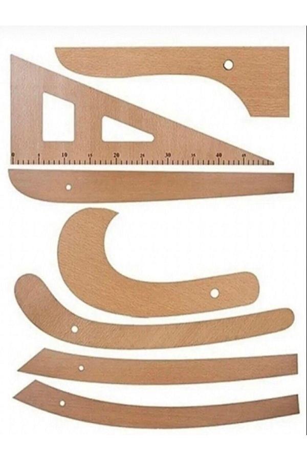 İşkur Makina Terzi-Modelist-Tekstil 7 Parça Ahşap Cetvel Riga Gönye Takımı - Image 1