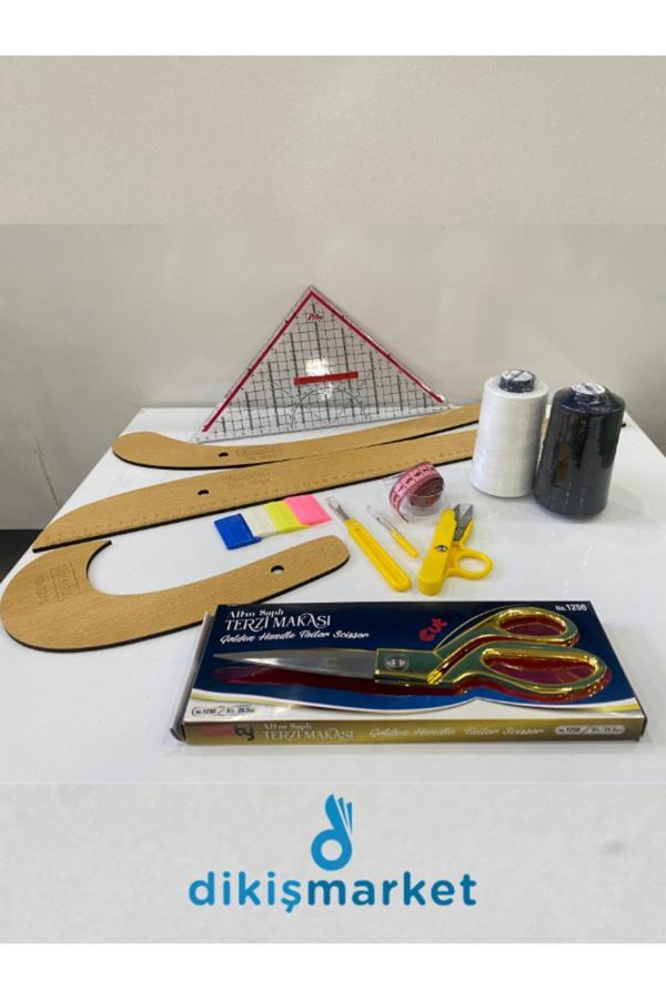Dm Dikişmarket Dikişe Başlangıç Seti (Dikiş İpi,Geoderik Cetvel,Mezura,İğne,Kumaş Makası,Pistole,Çizgi Sabunu) - Image 1