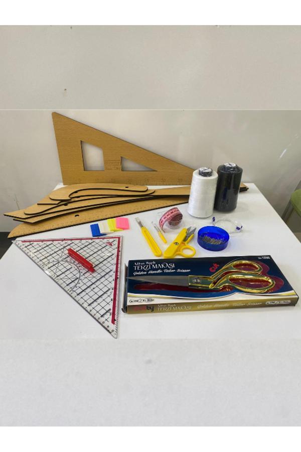 Ngv Dikişe Başlagıç Seti (Riga Cetvel,Geoderik.Kumaş Makası,Dikiş İpi,Mezura,İlik Sökücü,Çizgi Taşı) - Image 1