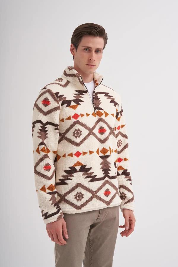 Cazador Vintage Desenli Kürk Dokulu Dik Yaka Regular Fit Sweatshirt-52440 - Image 1